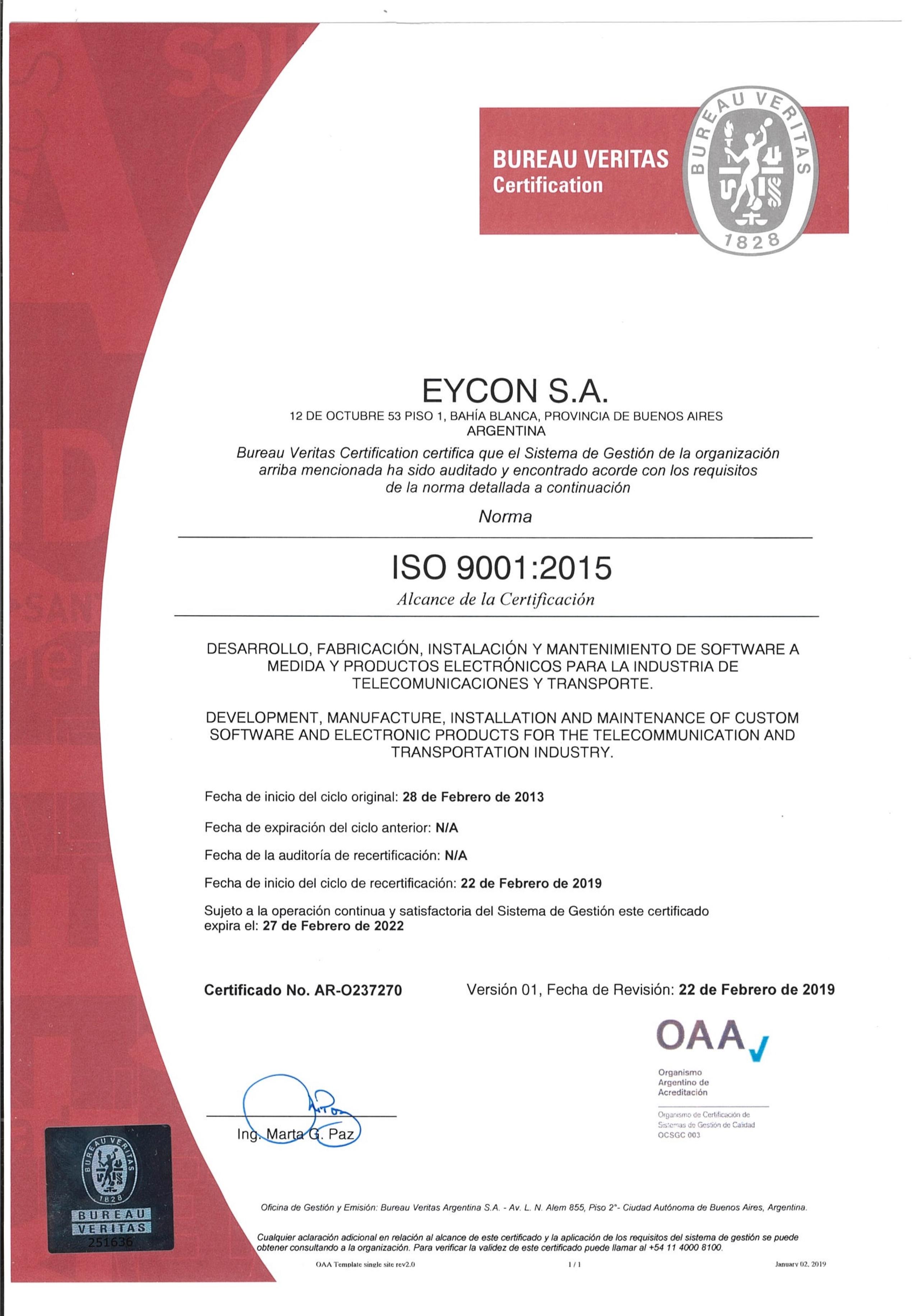 Certificado ISO 9001:2015 EYCON S.A